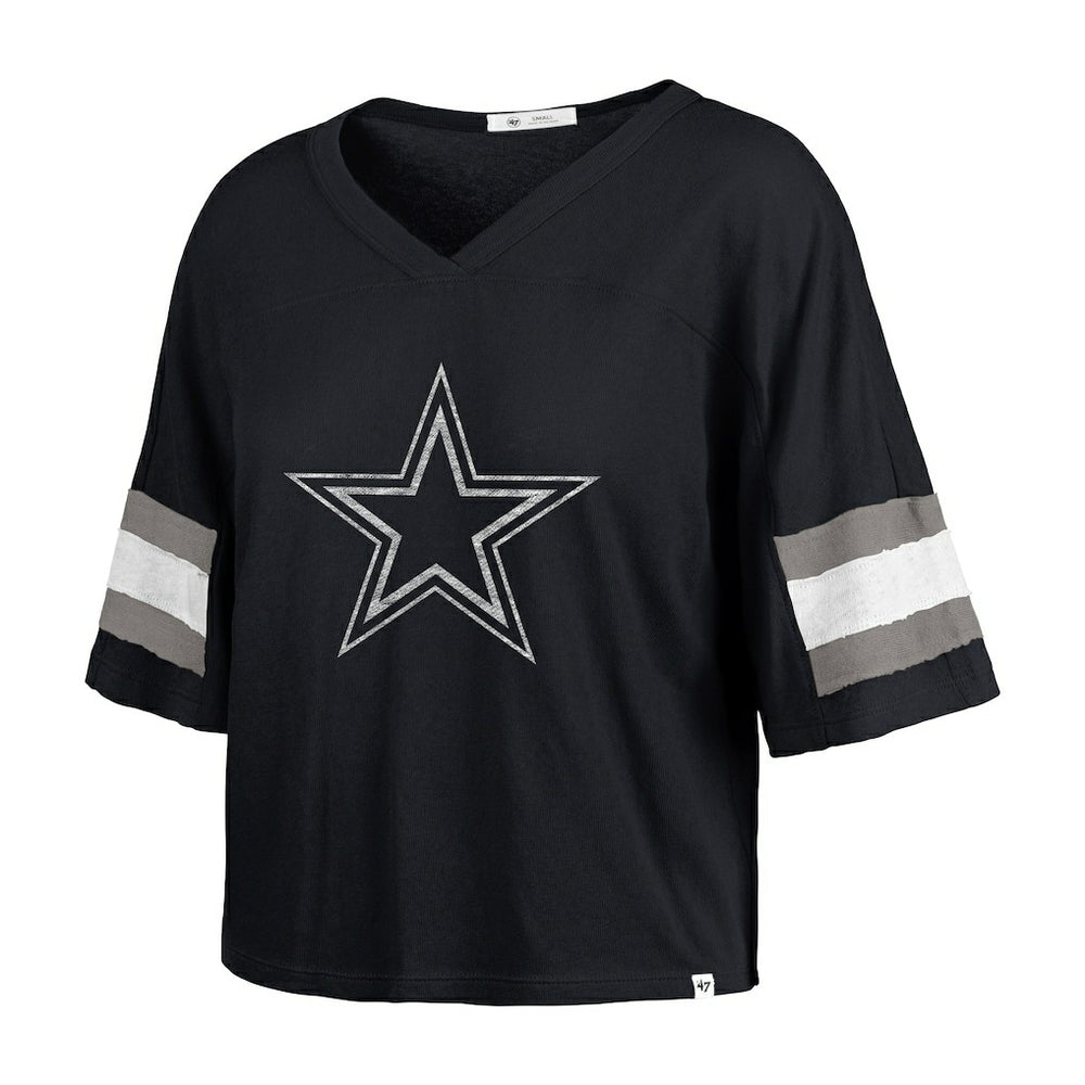 Dallas Cowboys '47 Women's Double Header Scout Cropped V-Neck T-Shirt - Navy - 47 brand