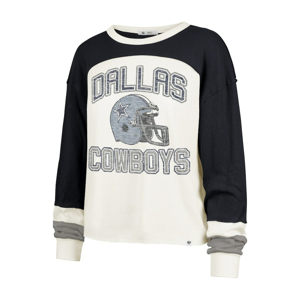 Dallas Cowboys '47 Women's Double Header Curve Raglan Long Sleeve Crop Top - Cream - 47 brand