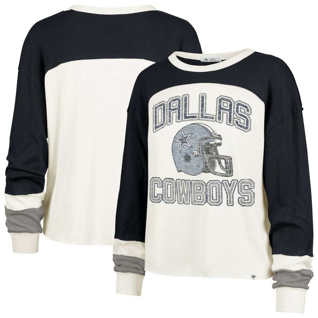 Dallas Cowboys '47 Women's Plus Size Double Header Curve Toni Long Sleeve T-Shirt - Cream/Navy - 47 brand