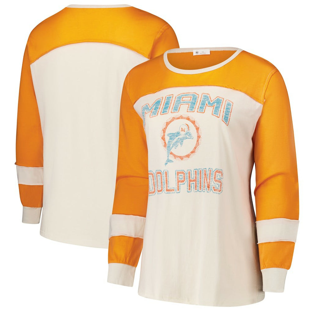 Miami Dolphins '47 Women's Plus Size Double Header Curve Toni Long Sleeve T-Shirt - Cream/Orange - 47 brand