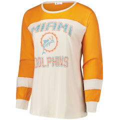 Miami Dolphins '47 Women's Plus Size Double Header Curve Toni Long Sleeve T-Shirt - Cream/Orange - 47 brand