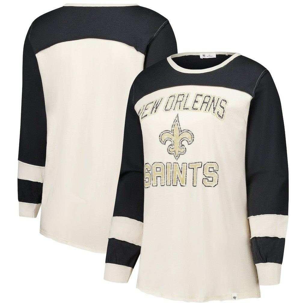 New Orleans Saints '47 Women's Plus Size Double Header Curve Toni Long Sleeve T-Shirt - Cream/Black - 47 brand