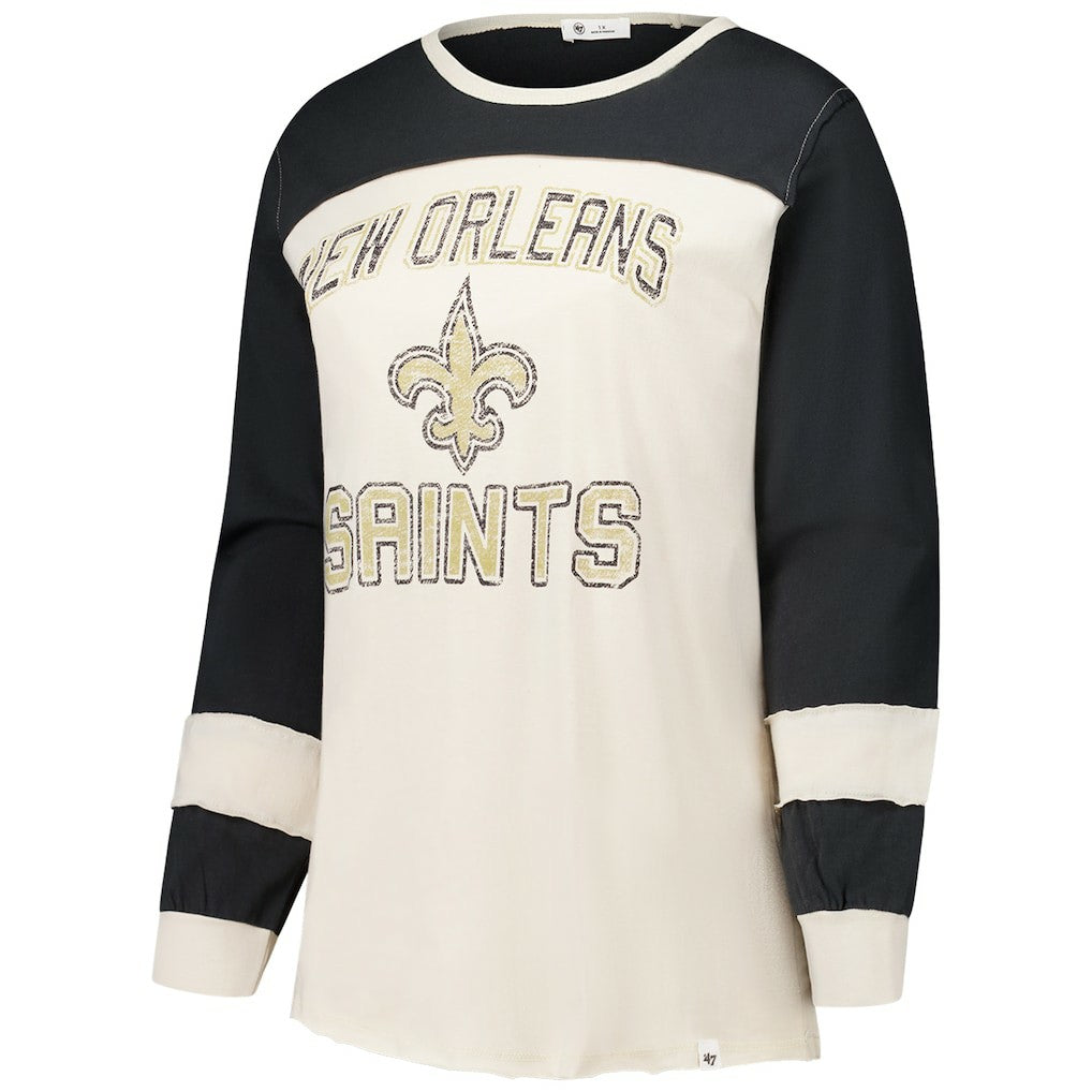 New Orleans Saints '47 Women's Plus Size Double Header Curve Toni Long Sleeve T-Shirt - Cream/Black - 47 brand