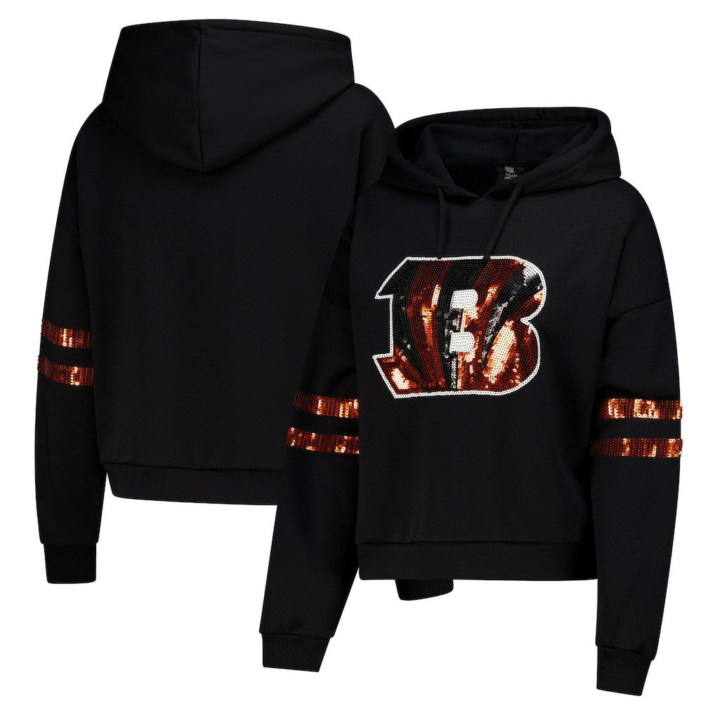Cincinnati Bengals Cuce Women's Cropped Sequins Pullover Hoodie - Black - NFL