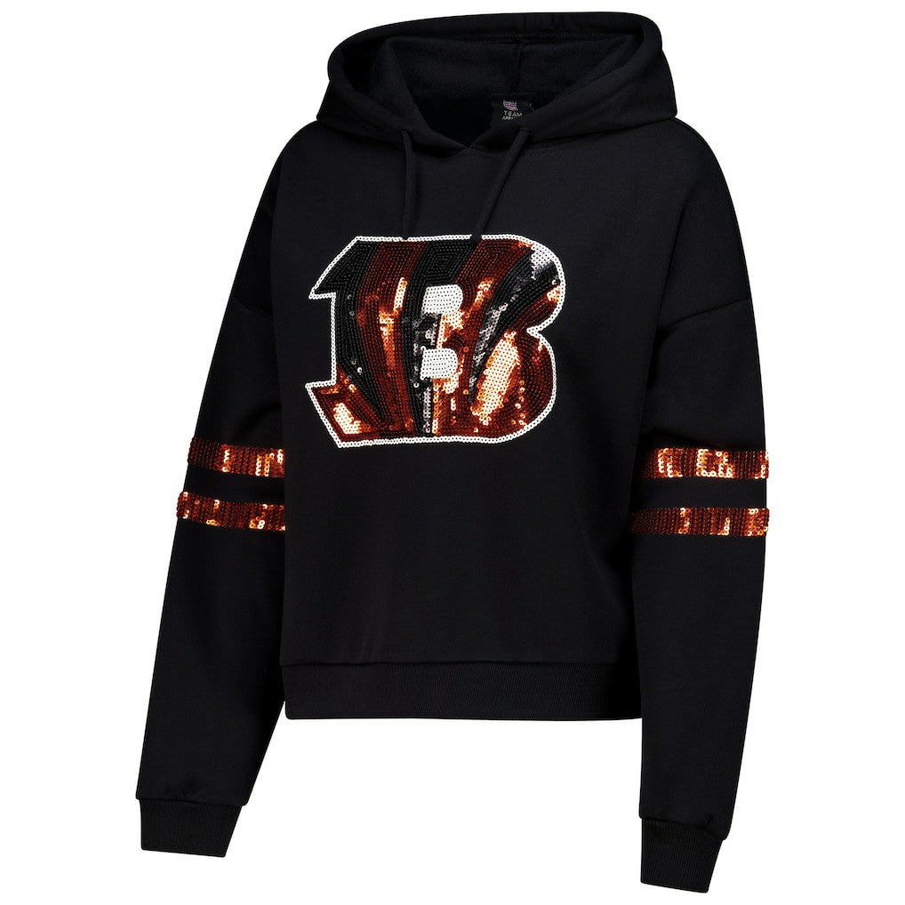 Cincinnati Bengals Cuce Women's Cropped Sequins Pullover Hoodie - Black - NFL
