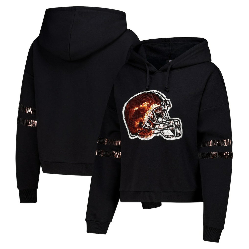 Cleveland Browns Cuce Women's Cropped Sequins Pullover Hoodie - Black - NFL