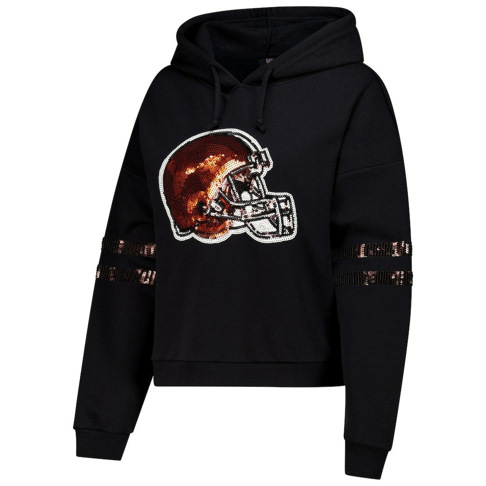 Cleveland Browns Cuce Women's Cropped Sequins Pullover Hoodie - Black - NFL