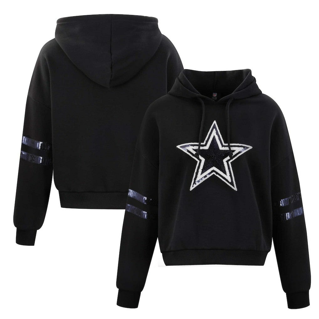 Dallas Cowboys Cuce Women's Cropped Sequins Pullover Hoodie - Black - NFL