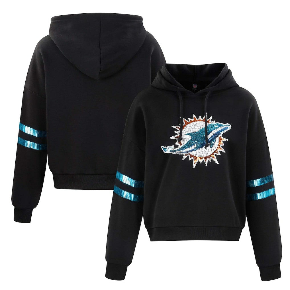 Miami Dolphins Cuce Women's Cropped Sequins Pullover Hoodie - Black - NFL