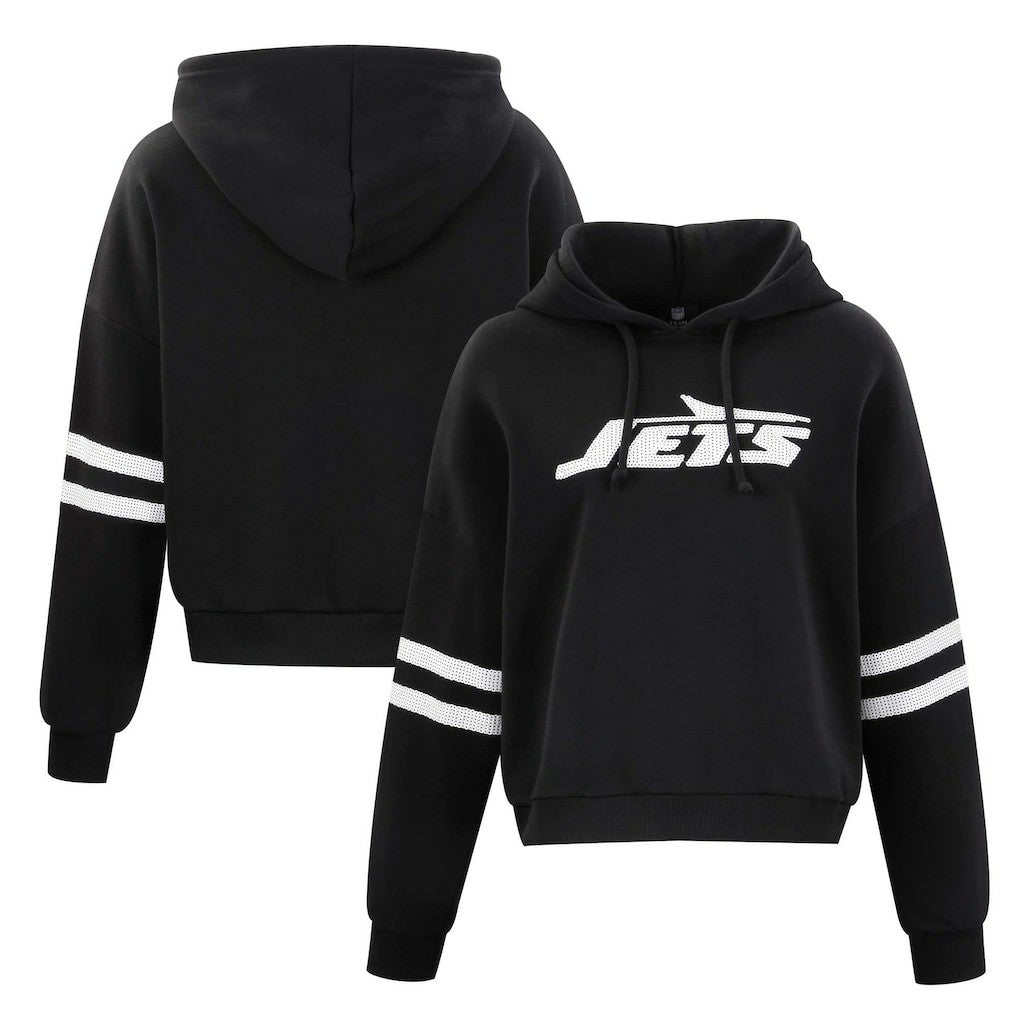 New York Jets Cuce Women's Cropped Sequins Pullover Hoodie - Black - NFL