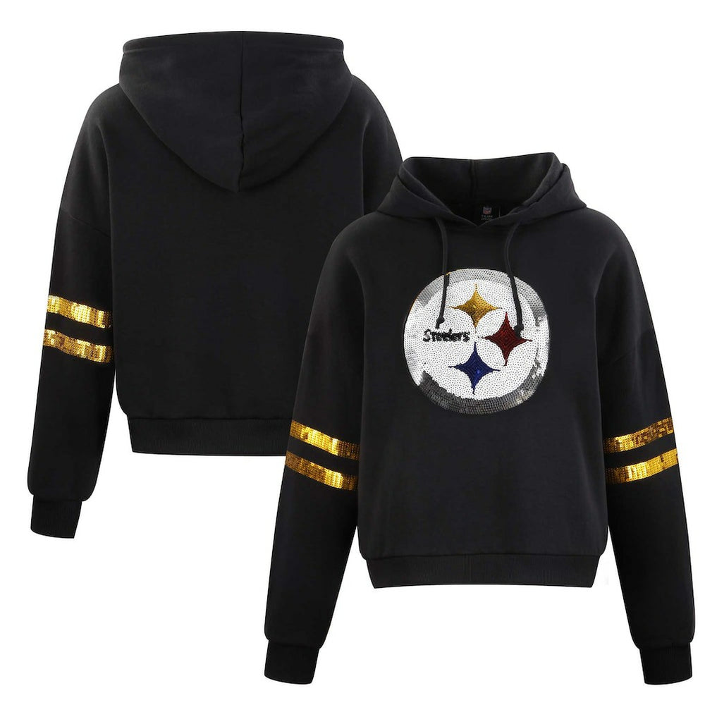 Pittsburgh Steelers Cuce Women's Cropped Sequins Pullover Hoodie - Black - NFL