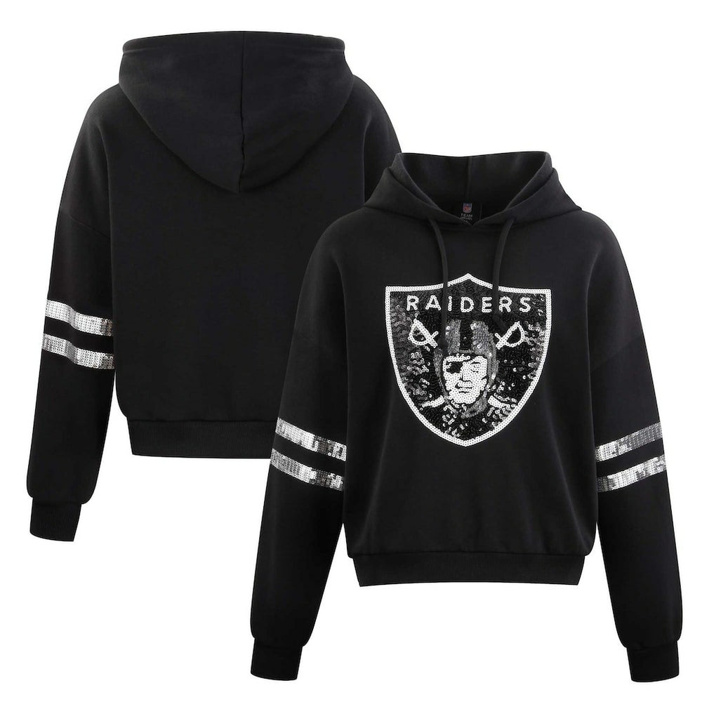 Las Vegas Raiders Cuce Women's Cropped Sequins Pullover Hoodie - Black - NFL