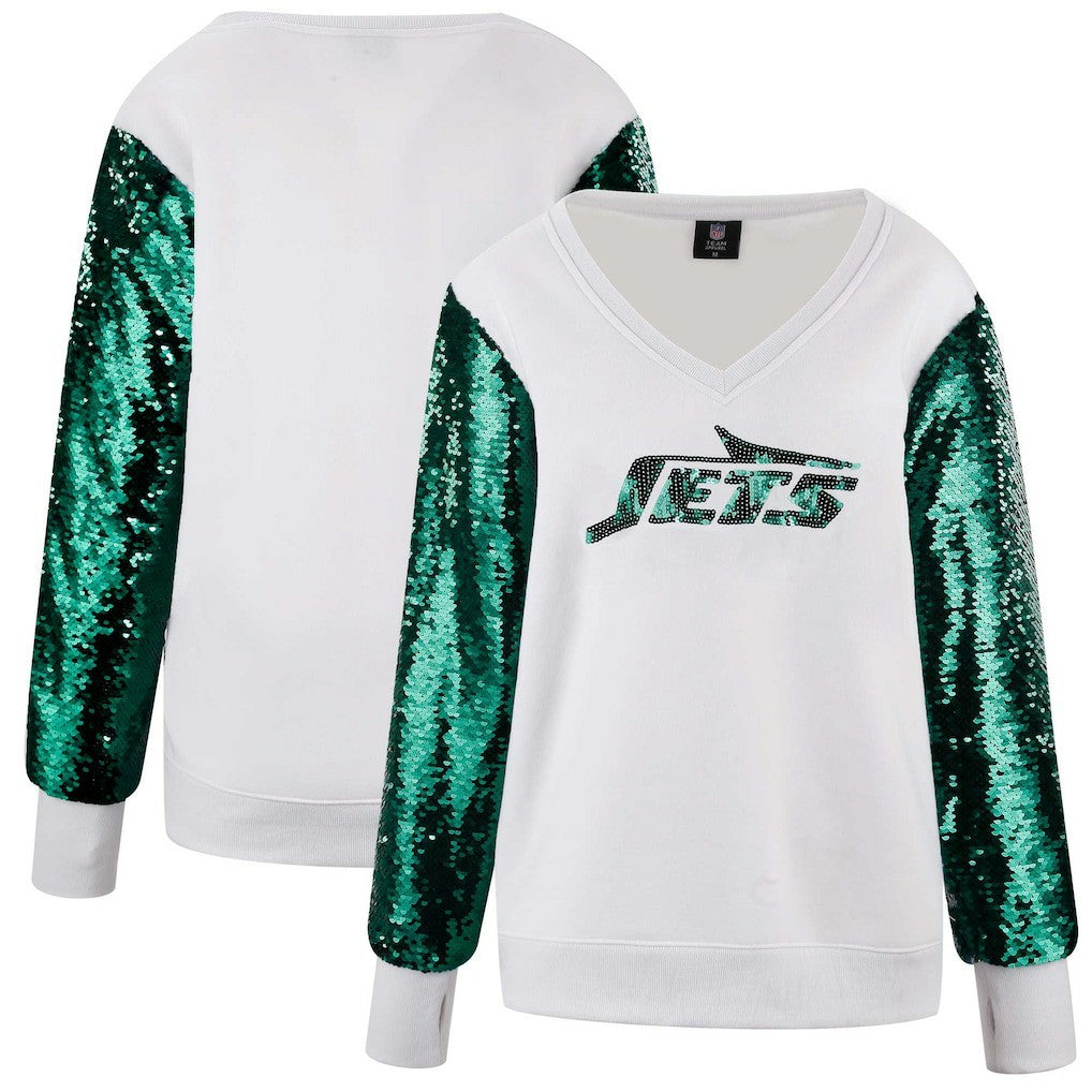 New York Jets Cuce Women's Sequin Sleeve V-Neck Pullover Sweatshirt- White - NFL