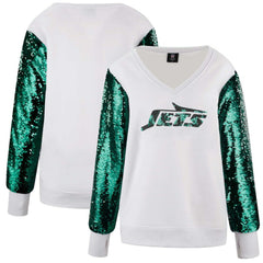New York Jets Cuce Women's Sequin Sleeve V-Neck Pullover Sweatshirt- White - NFL