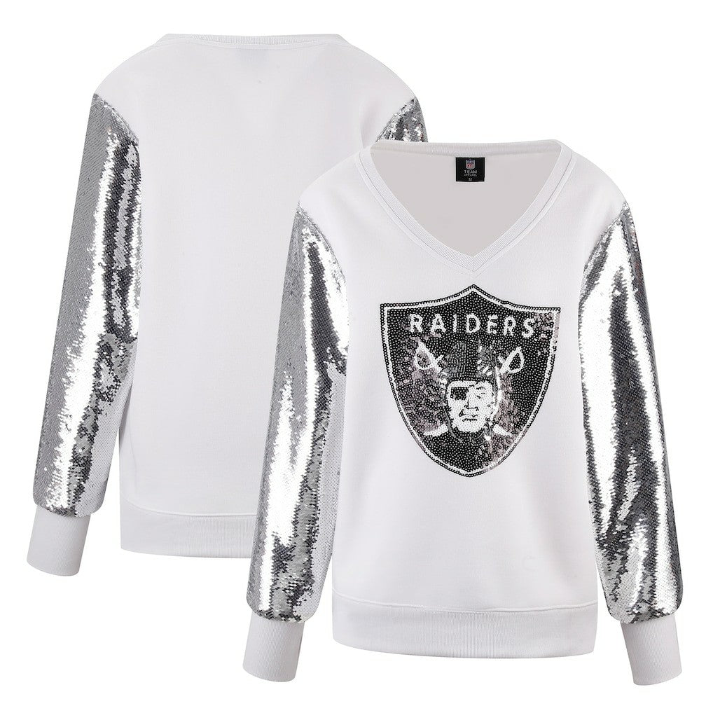 Las Vegas Raiders Cuce Women's Sequin Sleeve V-Neck Pullover Sweatshirt- White - NFL