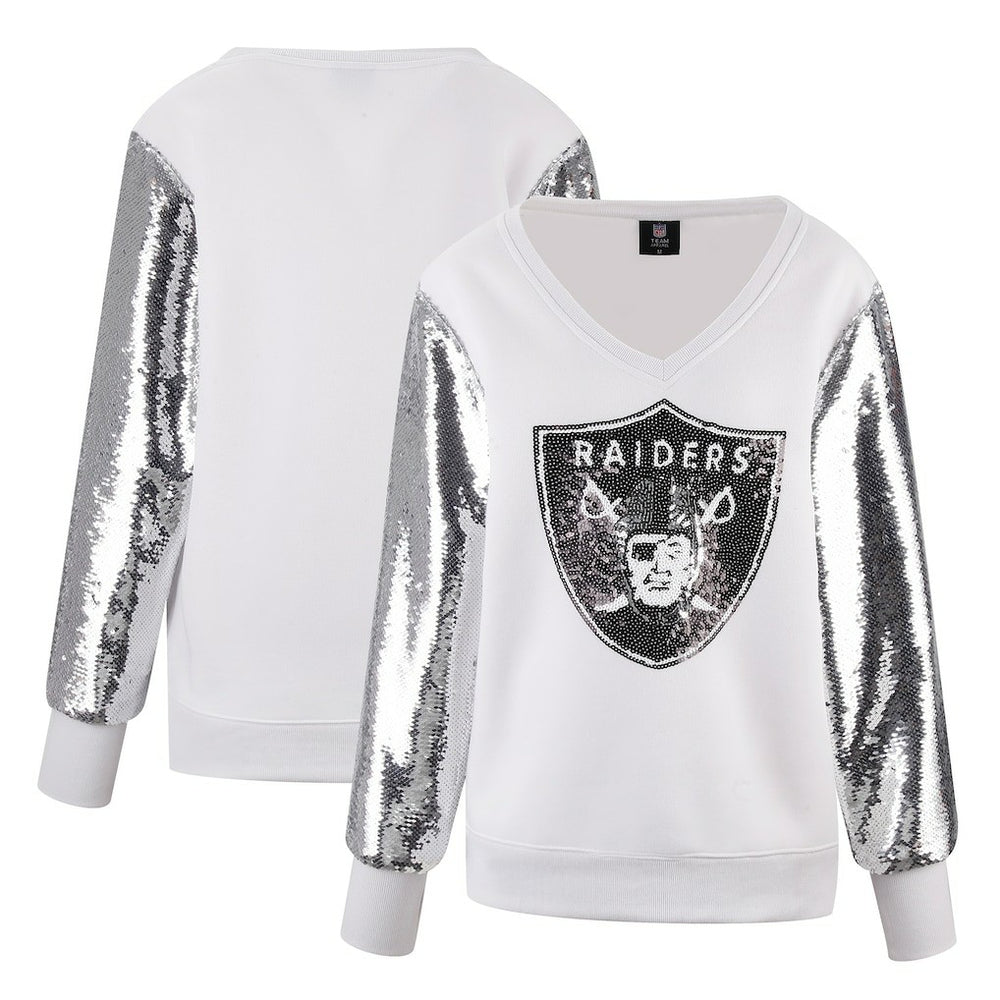 Las Vegas Raiders Cuce Women's Sequin Sleeve V-Neck Pullover Sweatshirt- White - NFL