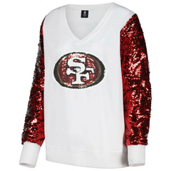 San Francisco 49ers Cuce Women's Sequin Sleeve V-Neck Pullover Sweatshirt- White - NFL