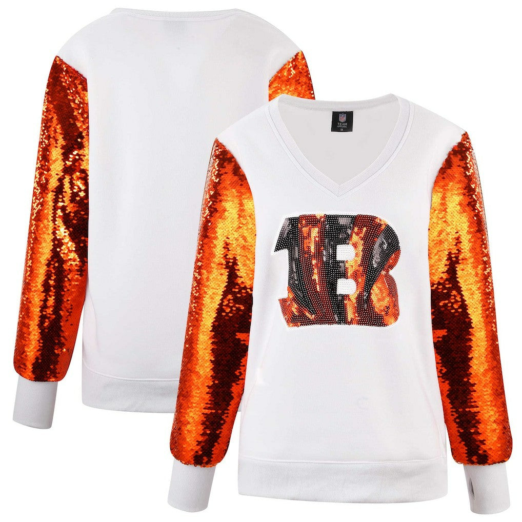 Cincinnati Bengals Cuce Women's Sequin Sleeve V-Neck Pullover Sweatshirt- White - NFL