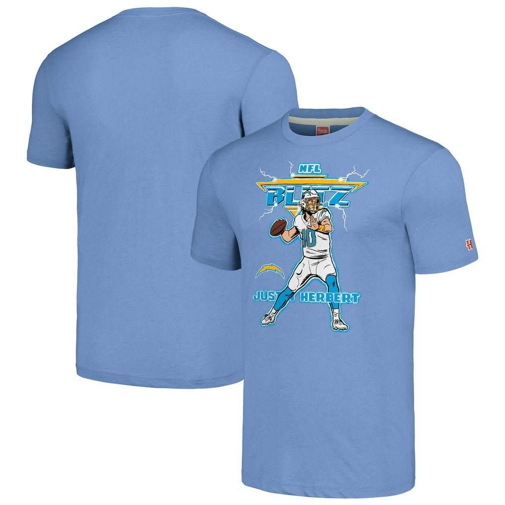 Justin Herbert Los Angeles Chargers Homage Unisex NFL Blitz Player Tri-Blend T-Shirt - Heathered Powder Blue - NFL