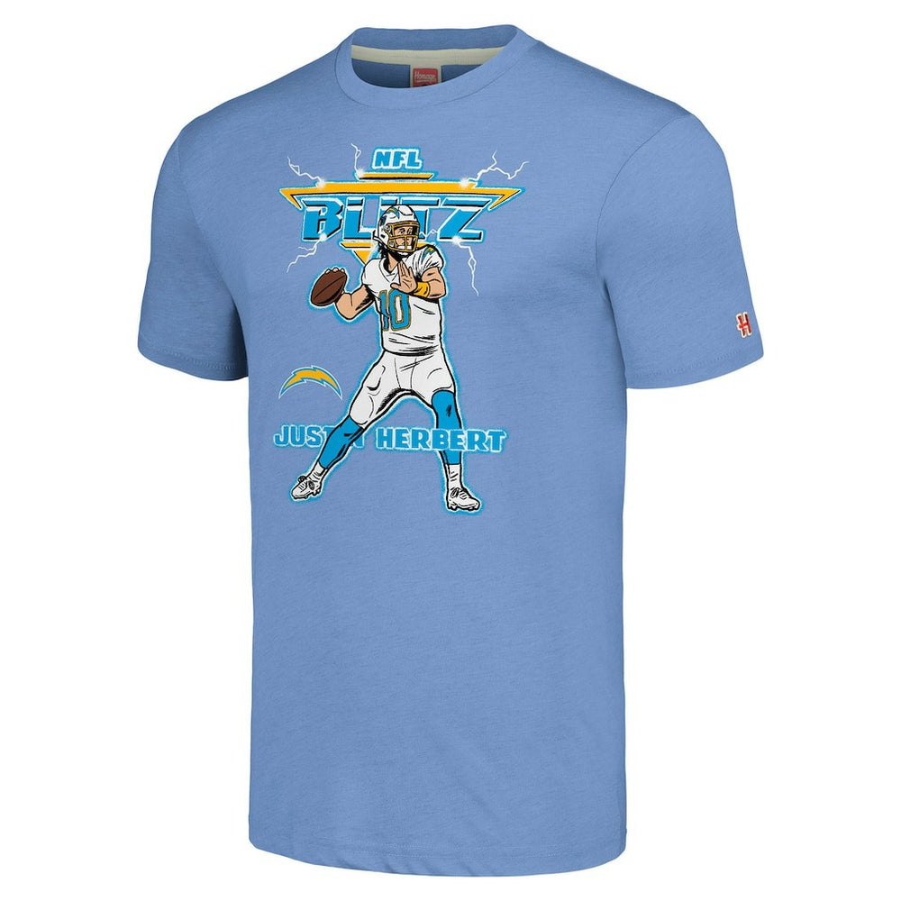 Justin Herbert Los Angeles Chargers Homage Unisex NFL Blitz Player Tri-Blend T-Shirt - Heathered Powder Blue - NFL