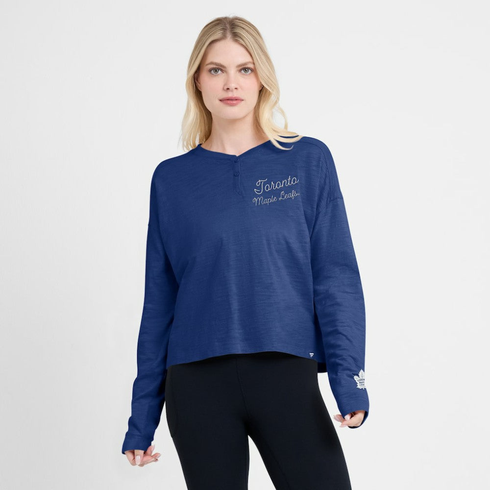 Toronto Maple Leafs Fanatics Women's Oversized All Out Effort Long Sleeve Henley T-Shirt - Blue | Fanatics discount