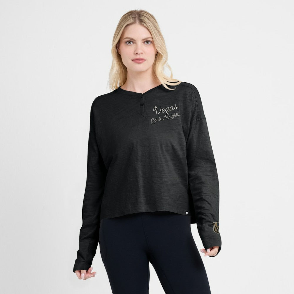 Vegas Golden Knights Fanatics Women's Oversized All Out Effort Long Sleeve Henley T-Shirt - Black | Fanatics Clearance