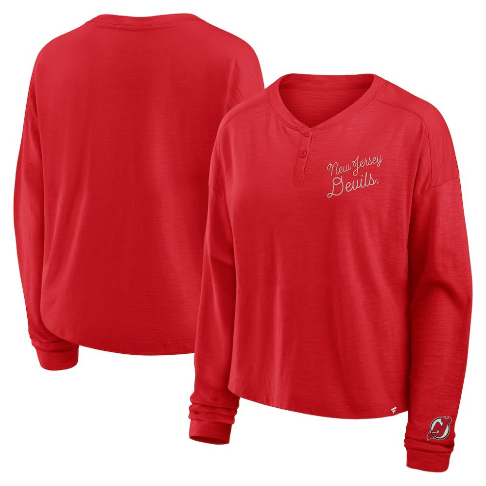 New Jersey Devils Fanatics Women's Oversized All Out Effort Long Sleeve Henley T-Shirt - Red | Fanatics discount