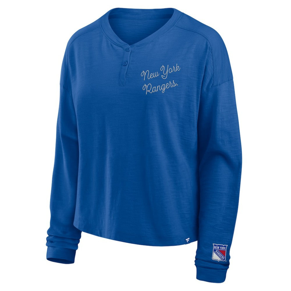 New York Rangers Fanatics Women's Oversized All Out Effort Long Sleeve Henley T-Shirt - Blue | Fanatics Clearance