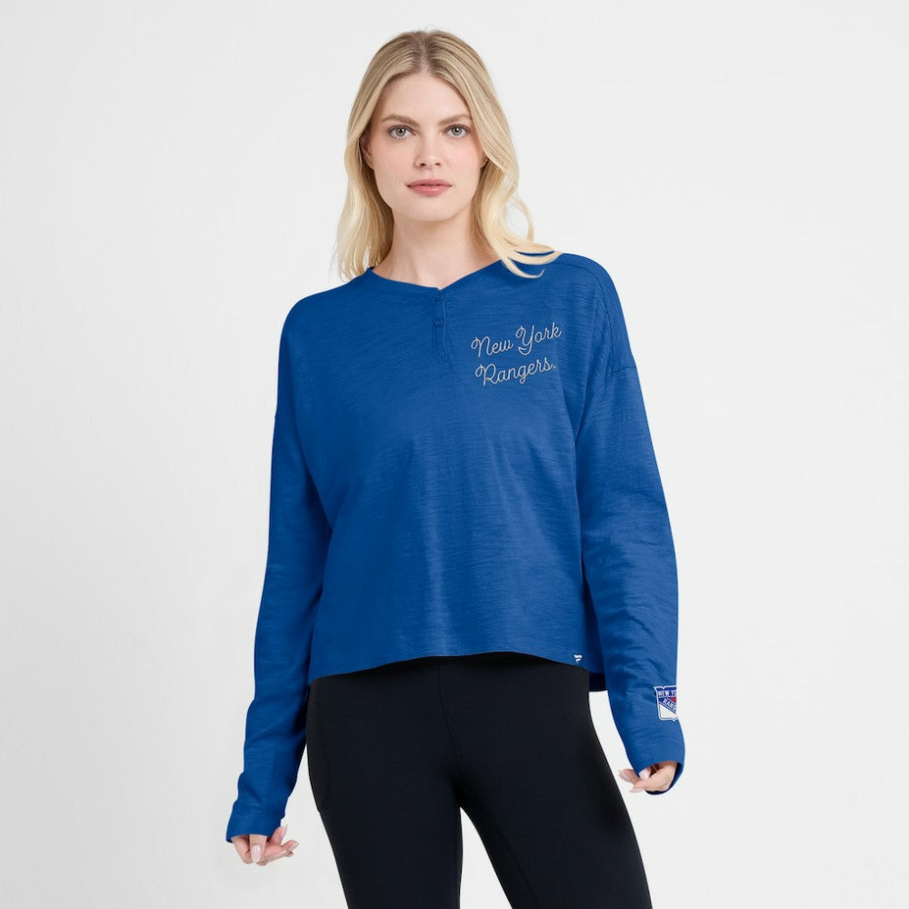 New York Rangers Fanatics Women's Oversized All Out Effort Long Sleeve Henley T-Shirt - Blue | Fanatics Clearance