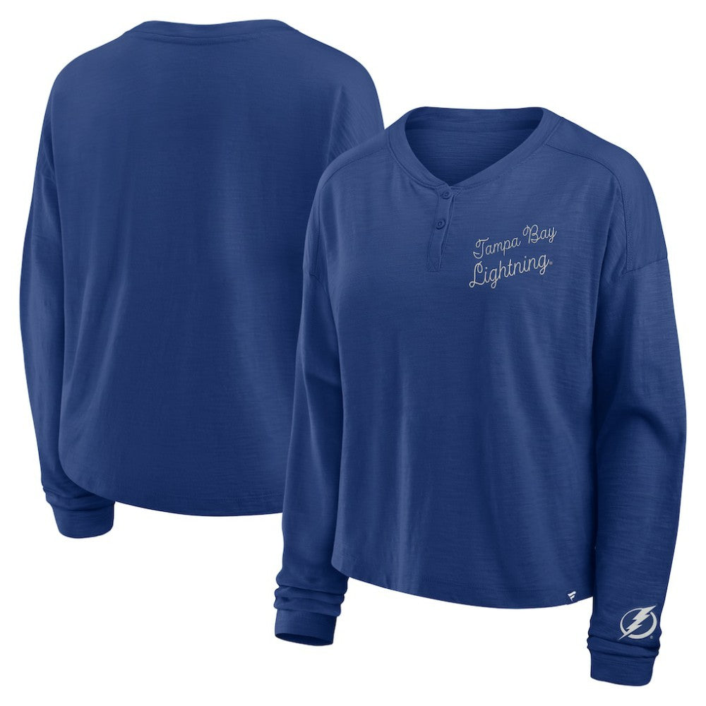 Tampa Bay Lightning Fanatics Women's Oversized All Out Effort Long Sleeve Henley T-Shirt - Blue | Fanatics sale