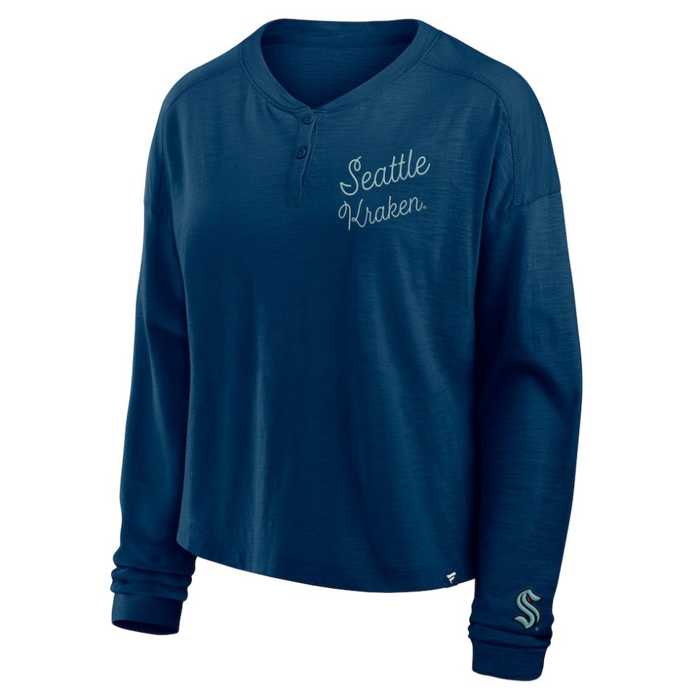 Seattle Kraken Fanatics Women's Oversized All Out Effort Long Sleeve Henley T-Shirt - Deep Sea Blue | Fanatics Lifestyle