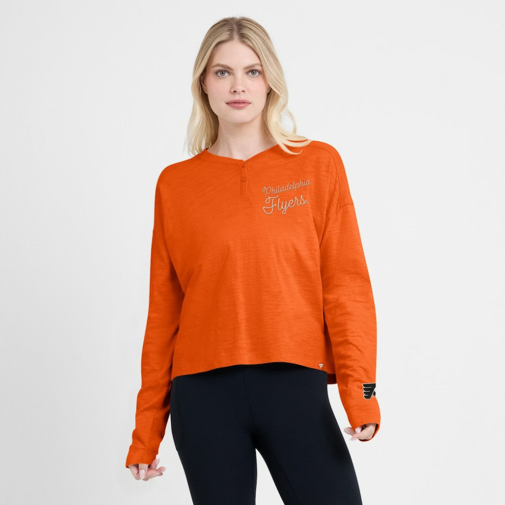 Philadelphia Flyers Fanatics Women's Oversized All Out Effort Long Sleeve Henley T-Shirt - Orange | Fanatics Lifestyle