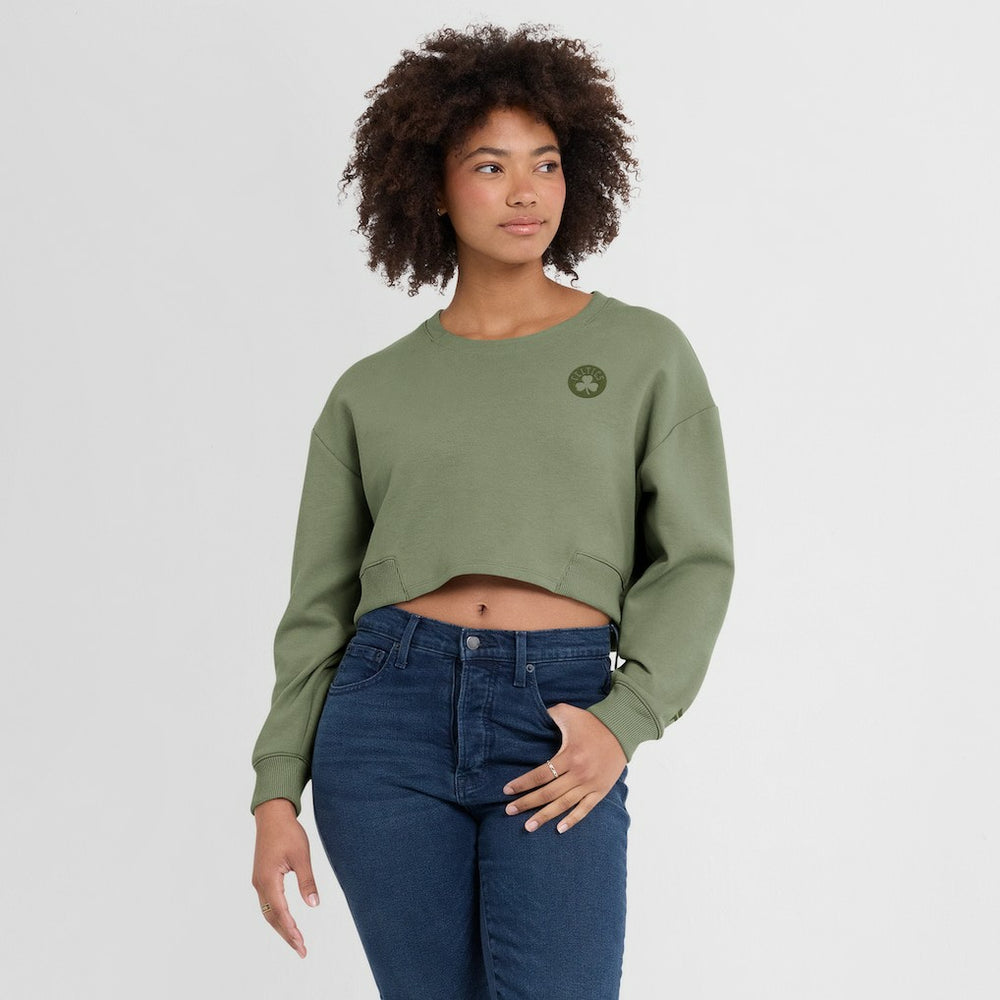 Fanatics Boston Celtics Women's Studio Tri-Blend Cropped Pullover Sweatshirt Olive