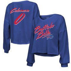 Keon Coleman Buffalo Bills Majestic Threads Women's Name & Number Off-Shoulder Script Cropped Long Sleeve V-Neck T-Shirt - Royal - NFL