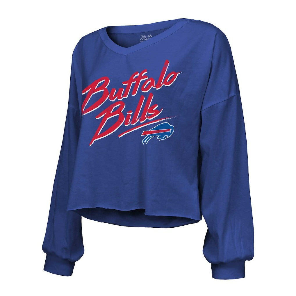 Keon Coleman Buffalo Bills Majestic Threads Women's Name & Number Off-Shoulder Script Cropped Long Sleeve V-Neck T-Shirt - Royal - NFL