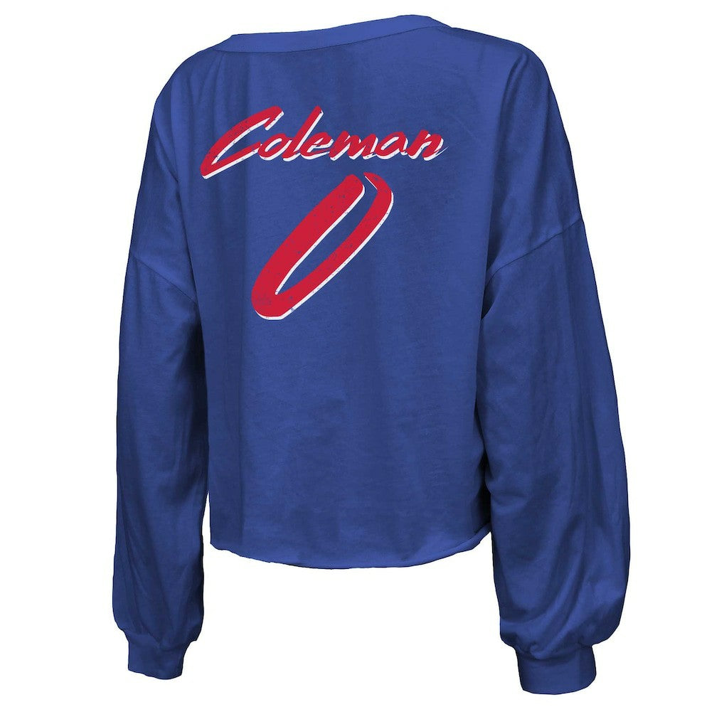 Keon Coleman Buffalo Bills Majestic Threads Women's Name & Number Off-Shoulder Script Cropped Long Sleeve V-Neck T-Shirt - Royal - NFL