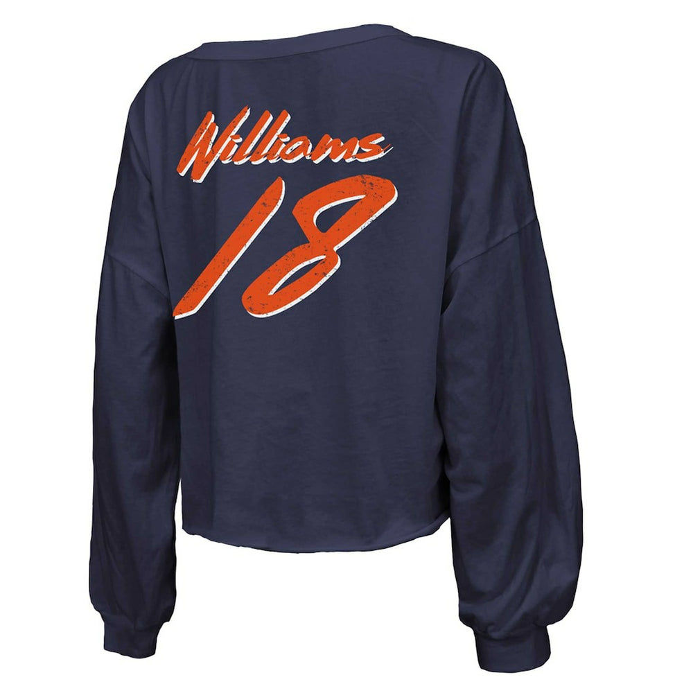 Caleb Williams Chicago Bears Majestic Threads Women's Name & Number Off-Shoulder Script Cropped Long Sleeve Relaxed V-Neck T-Shirt - Navy - NFL