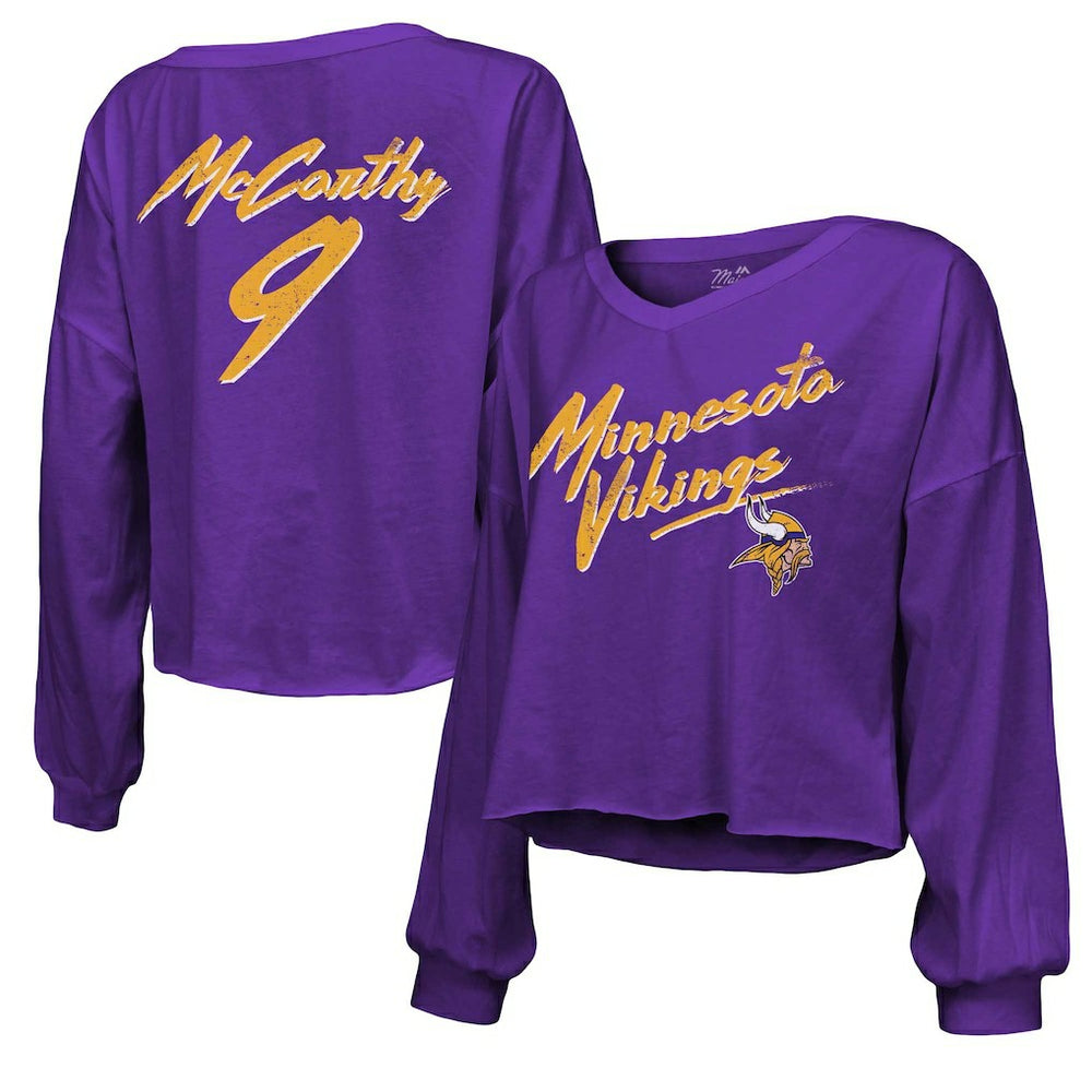J.J. McCarthy Minnesota Vikings Majestic Threads Women's Name & Number Off-Shoulder Script Cropped Long Sleeve V-Neck T-Shirt - Purple - NFL