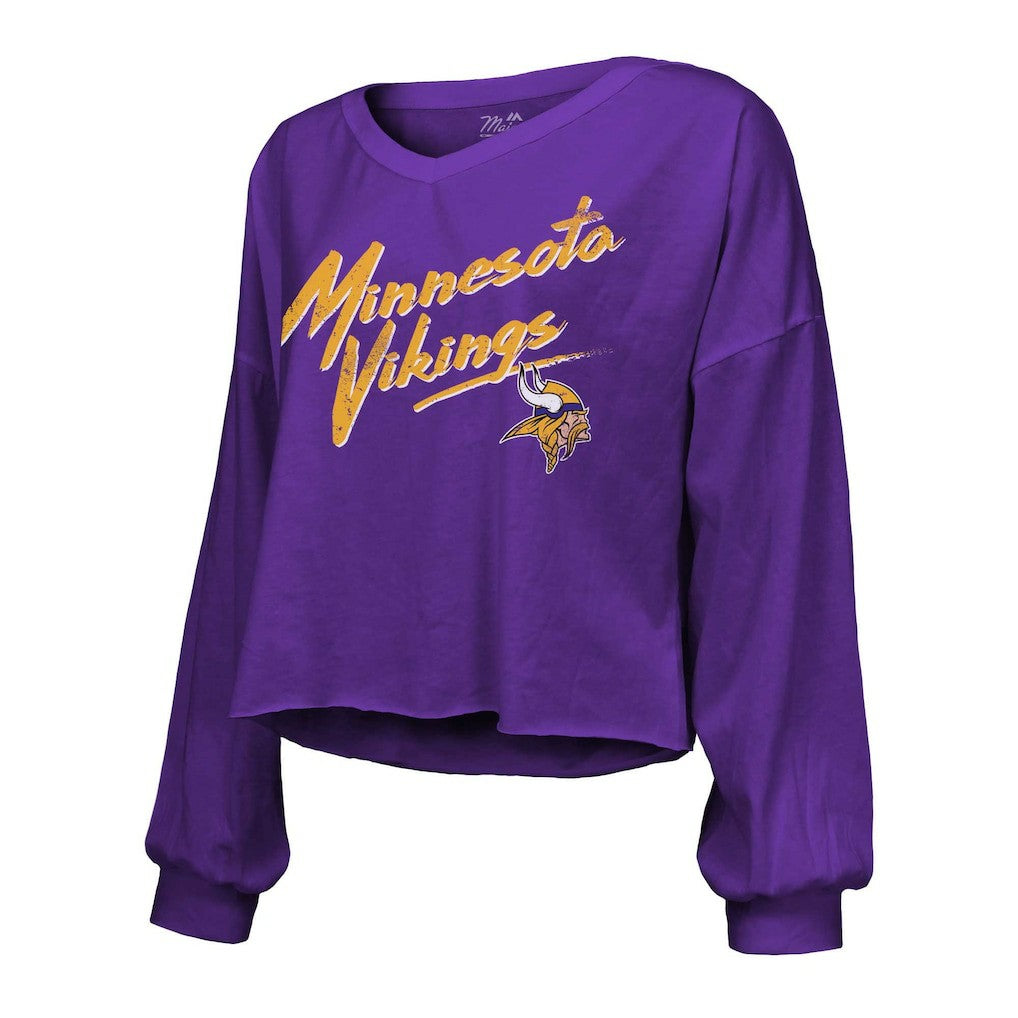 J.J. McCarthy Minnesota Vikings Majestic Threads Women's Name & Number Off-Shoulder Script Cropped Long Sleeve V-Neck T-Shirt - Purple - NFL
