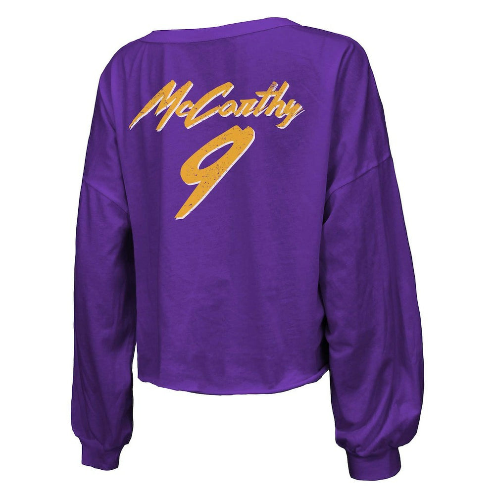 J.J. McCarthy Minnesota Vikings Majestic Threads Women's Name & Number Off-Shoulder Script Cropped Long Sleeve V-Neck T-Shirt - Purple - NFL