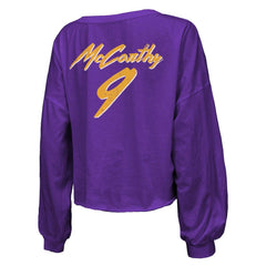 J.J. McCarthy Minnesota Vikings Majestic Threads Women's Name & Number Off-Shoulder Script Cropped Long Sleeve V-Neck T-Shirt - Purple - NFL