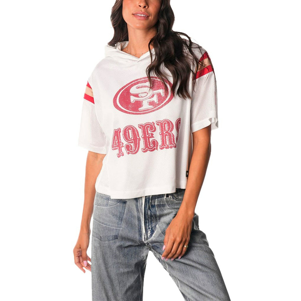San Francisco 49ers The Wild Collective Women's Mesh Short Sleeve Hoodie T-Shirt - White - NFL