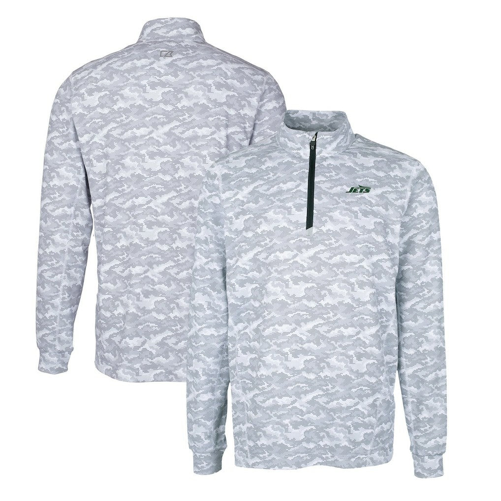 New York Jets Cutter & Buck Primary Logo Traverse Stretch Camo Print Eco Quarter-Zip Top - Gray - NFL