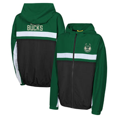 Milwaukee Bucks Youth Headliner Windbreaker Full-Zip Hoodie Jacket Hunter Green