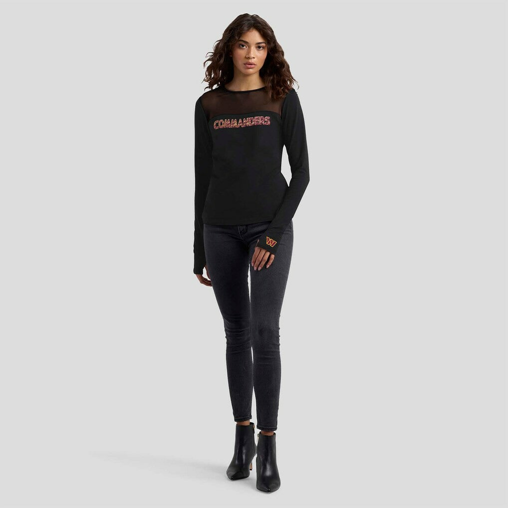 Washington Commanders WEAR by Erin Andrews x Gracie Hunt Women's Mesh Panel Long Sleeve T-Shirt - Black - NFL