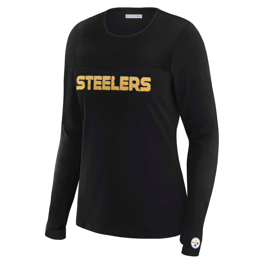 Pittsburgh Steelers WEAR by Erin Andrews x Gracie Hunt Women's Mesh Panel Long Sleeve T-Shirt - Black - NFL