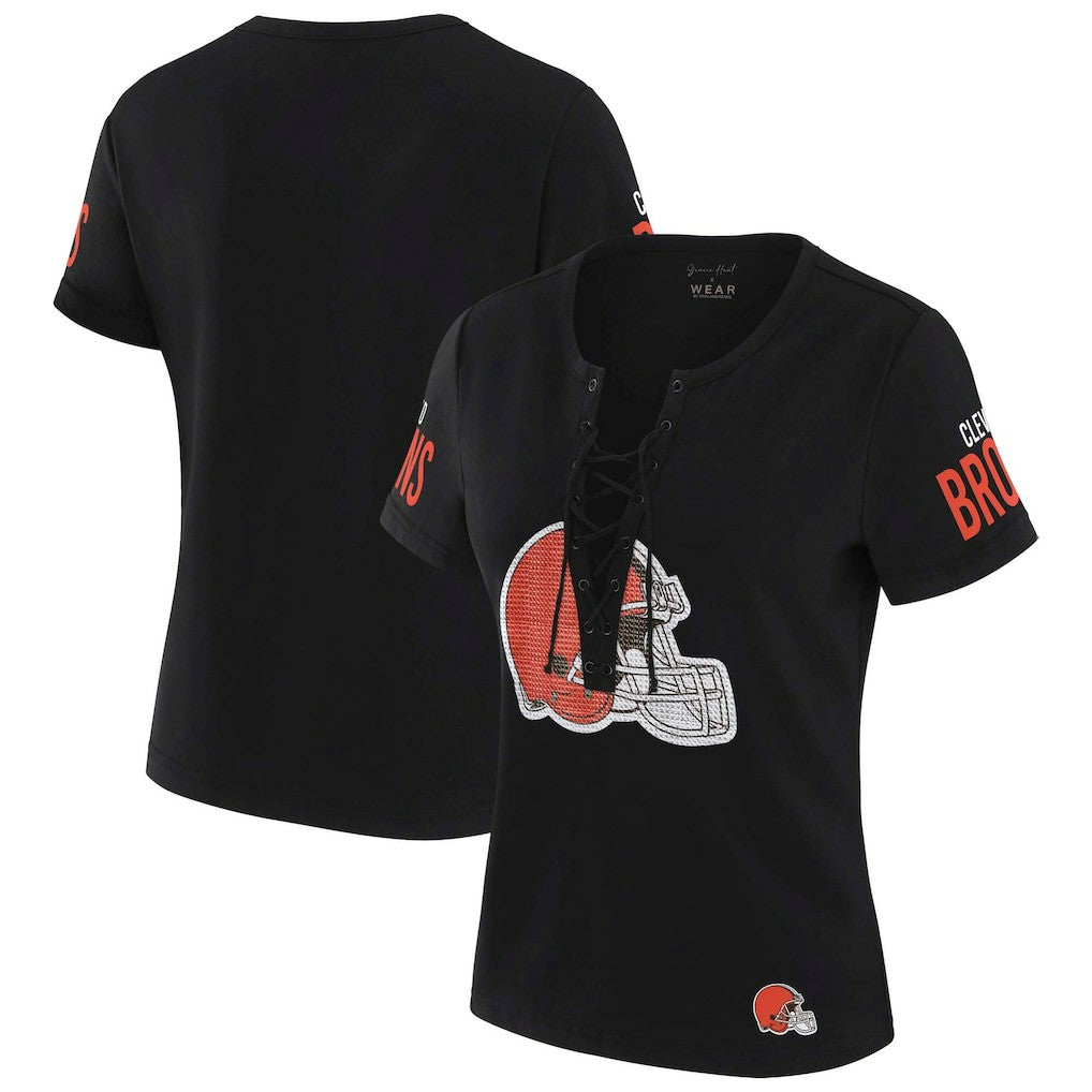 Cleveland Browns WEAR by Erin Andrews x Gracie Hunt Women's Draft Me Lace-Up T-Shirt - Black - NFL