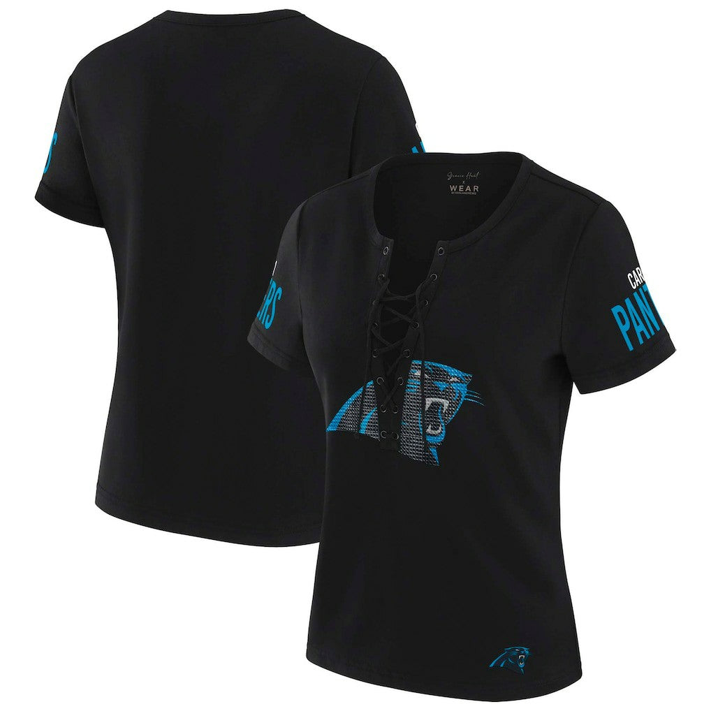 Carolina Panthers WEAR by Erin Andrews x Gracie Hunt Women's Draft Me Lace-Up T-Shirt - Black - NFL