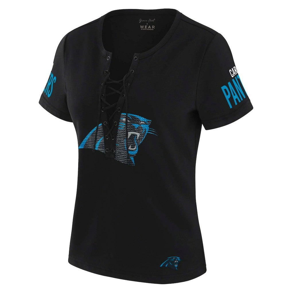 Carolina Panthers WEAR by Erin Andrews x Gracie Hunt Women's Draft Me Lace-Up T-Shirt - Black - NFL