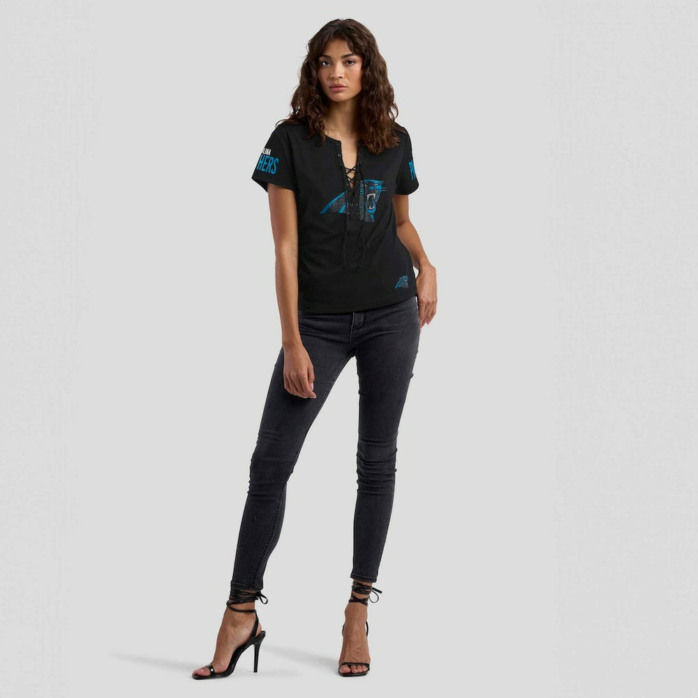 Carolina Panthers WEAR by Erin Andrews x Gracie Hunt Women's Draft Me Lace-Up T-Shirt - Black - NFL